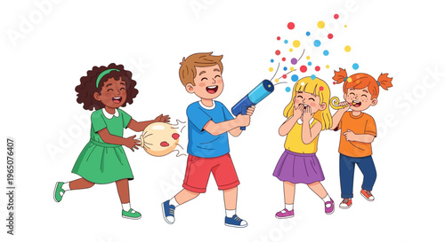 Colorful illustration of children celebrating April Fools' Day with party popper and harmless pranks on a white background.