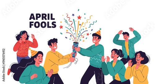 Colorful illustration of people celebrating April Fools' Day with a party popper on a white background, conveying a joyful and playful mood with a mix of green, yellow, and orange hues.