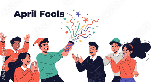 Illustration of people celebrating April Fools' Day with a colorful party popper in a joyful scene with a white background.