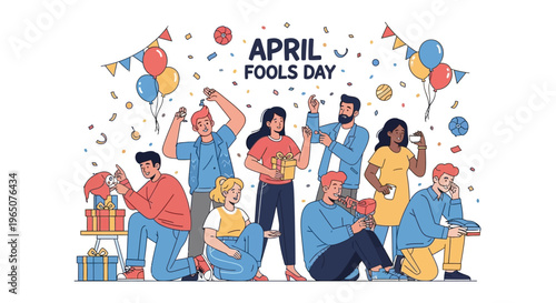 A lively group of people celebrate April Fools Day with colorful decorations, gifts, and balloons in a joyful illustration design for the annual tradition of spreading harmless hoaxes.