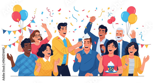 Colorful illustration of diverse people celebrating April Fools' Day with balloons and confetti in a joyful event, spreading harmless hoaxes as a joke in a lively annual tradition.