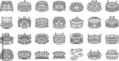 Vector line art set of sports stadium and arena icons featuring diverse venue designs for tournament hosting event ticketing and athletic competition mapping.