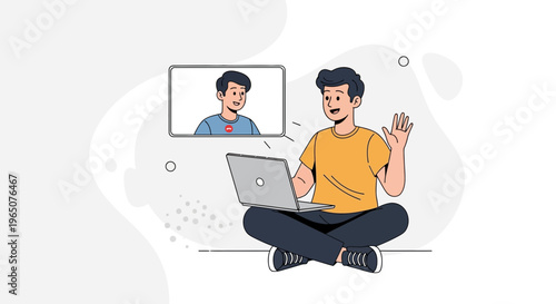 Young man video calling friend on laptop, waving hello, online communication concept