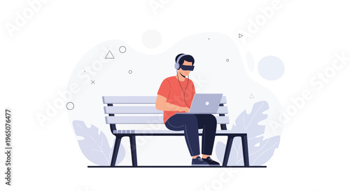 Man with VR headset and headphones using laptop on park bench, modern illustration
