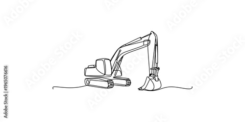 Continuous line drawing of excavator digging machine with bucket construction heavy equipment engineering vehicle dig