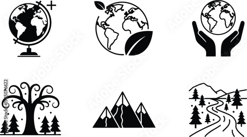 Collection of black ecology and nature icons featuring globe maps earth in hands mountains and forest river landscapes isolated on a white background.