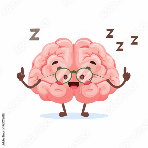 Personaje de cerebro animado con gafas redondas y expresión alegre durmiendo plácidamente para representar el descanso cognitivo y la salud mental.