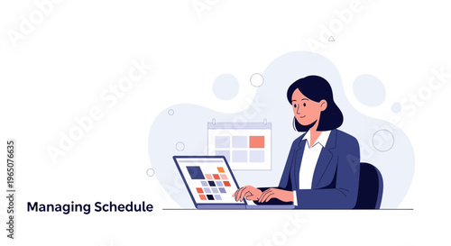 Woman managing schedule on laptop, calendar in background, business concept illustration