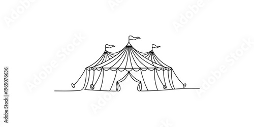 A line drawing of a classic big top circus tent with flags flying illustration cirque