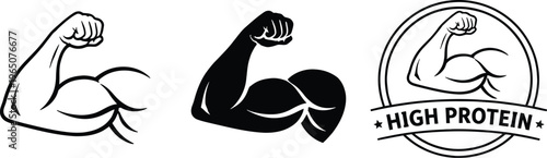 Strong bicep muscle arm icons, high protein fitness logo set, black and white muscular arm vector illustrations