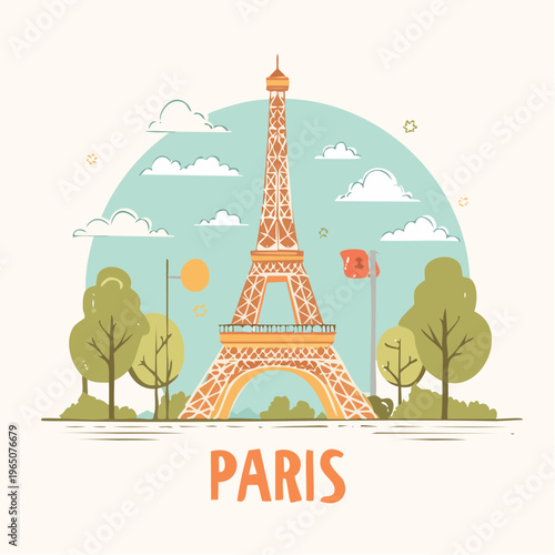 Cartel artístico de París que muestra la emblemática Torre Eiffel rodeada de naturaleza y un cielo despejado en tonos suaves y modernos.