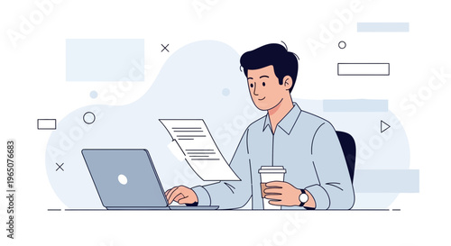 Young man working on laptop with coffee and documents, modern office illustration