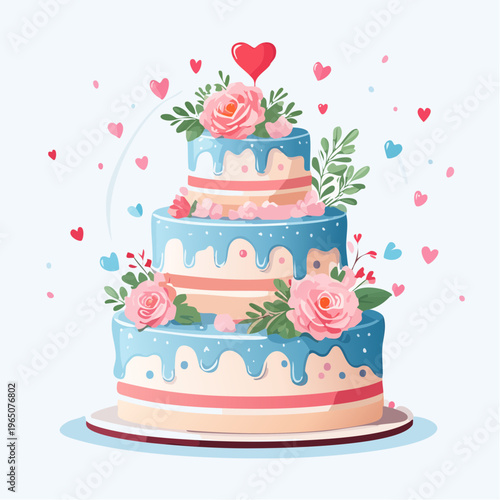 Pastel de bodas de tres niveles decorado con rosas rosadas, glaseado azul y corazones rojos sobre un fondo blanco limpio y elegante.