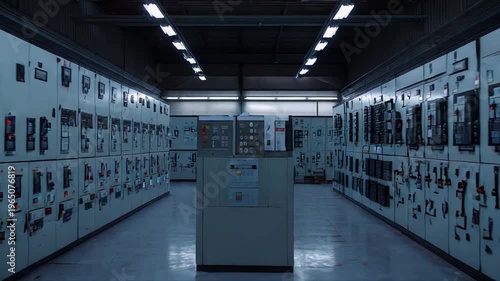 Control room featuring rows of electrical switchgear panels and distribution boards, managing power supply and machinery operations within an industrial or factory setting