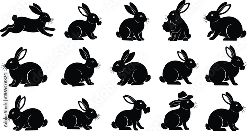 Collection of black rabbit silhouettes in various poses including jumping sitting and eating carrots isolated on white background for spring Easter and nature design.