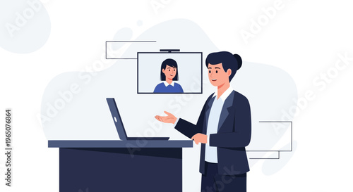 Businesswoman in Video Conference Call with Colleague on Laptop and Screen