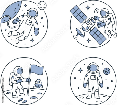 Astronaut Moon Landing and Satellite Repair Icons, Space Walk Series
