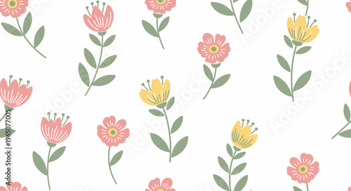 Colorful flowers with green leaves pattern.