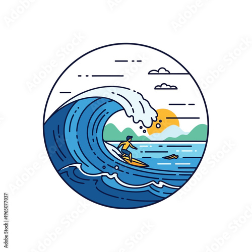Surfer riding a large ocean wave at sunset, minimalist illustration in circle