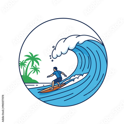 Surfer riding a large ocean wave near a tropical island with palm trees, vector illustration
