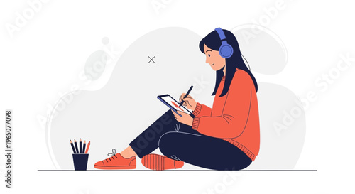 Young Woman Artist Drawing on Tablet with Headphones, Creative Hobby