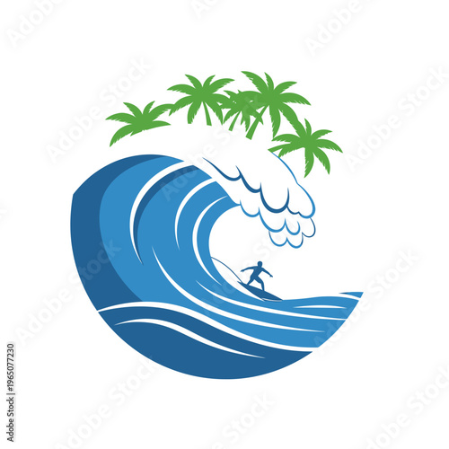 Surfer riding a massive ocean wave with palm trees on top, tropical beach vector illustration