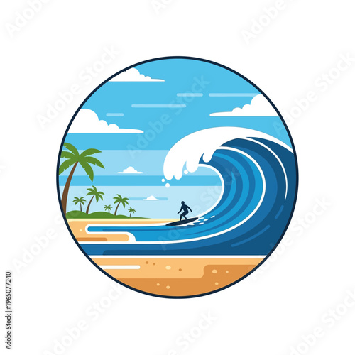 Surfer riding a massive ocean wave near a tropical beach with palm trees and clouds.