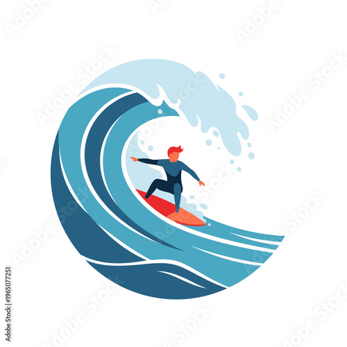Surfer riding a massive ocean wave, dynamic watersport action illustration
