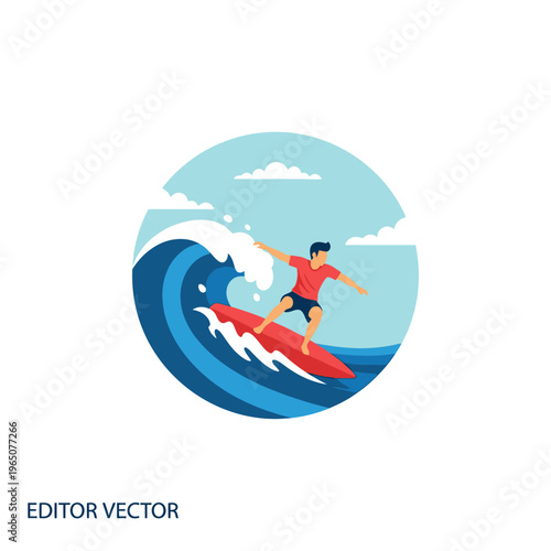Surfer Riding a Red Board on a Big Wave, Vector Illustration