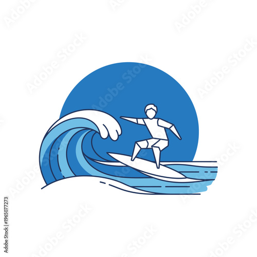 Surfer riding a wave in minimalist flat design style with blue circle background