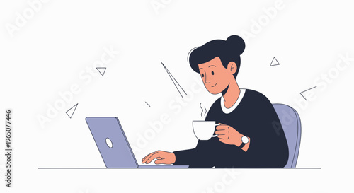 Young woman working on laptop with coffee, modern flat illustration