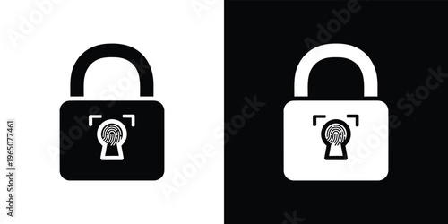 Black and white padlock with fingerprint and camera lenses symbol security