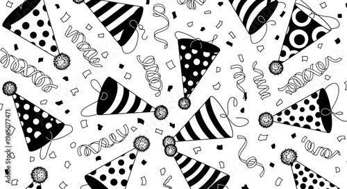 black and white party hats and confetti background
