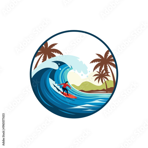 Surfer Riding Big Wave Palm Trees Tropical Island Beach Scene