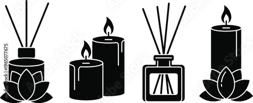 Minimalist Vector Icon Set for Aromatherapy and Wellness Featuring Scented Candles Reed Diffusers and Lotus Flower Symbols for Spa Branding