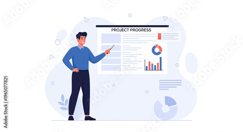 Man presenting project progress report with charts and graphs on a screen