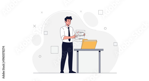 Man in suit holding checklist and folder, business concept illustration