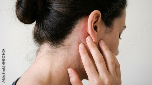 A woman experiencing discomfort or pain in her ear and neck area, possibly due to an allergic reaction or inflammation.