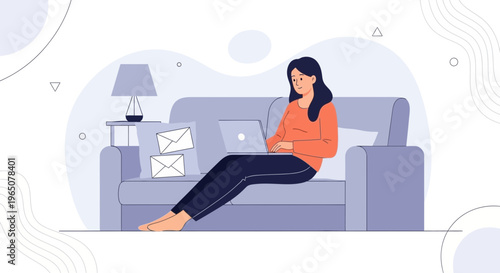Woman Working Remotely on Laptop While Relaxing on Sofa at Home