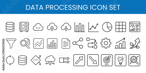 Data processing icon set line style collection for analytics database cloud and business intelligence