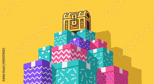 Pile of colorful gift boxes topped with a treasure chest, symbolizing rewards, surprises, and wealth against a yellow background.