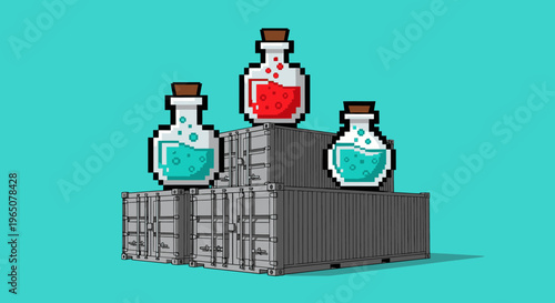 Pixel art potions on shipping containers, representing game assets, inventory, or virtual goods.