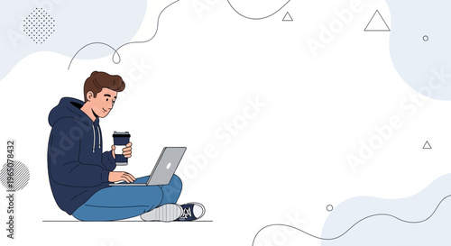 Young man sitting cross-legged with laptop and coffee cup, modern abstract background