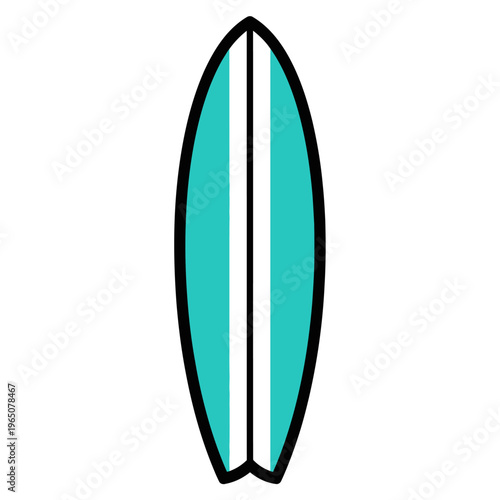 Turquoise surfboard with white stripes, isolated on white background, minimalist design