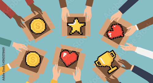 Diverse hands sharing pixel art game icons like coins, stars, hearts, and trophies from cardboard boxes