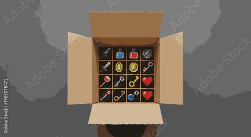 Pixel art icons of game items like keys, potions, hearts, and coins in an open cardboard box.