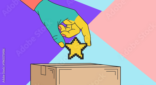 Vibrant graphic illustration of a stylized hand placing a pixelated golden star into a cardboard box, symbolizing feedback, rating, and customer satisfaction.