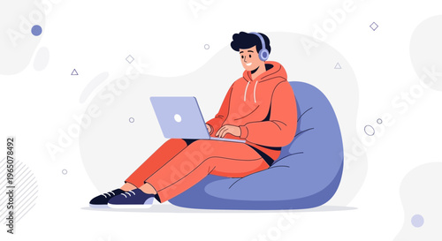 Young man with headphones working on laptop on bean bag chair, flat illustration style