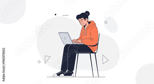 Young person in orange hoodie working on laptop on chair, flat design illustration