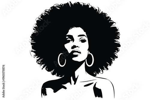 Black and white of a woman with large afro and hoop earrings portrait